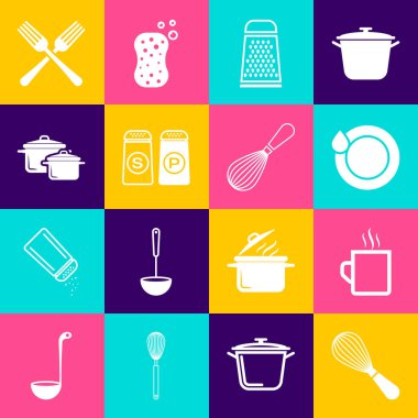 Mutfak çırpıcısını, kahve fincanını, bulaşık makinesini, Grater 'ı, Tuz' u ve Biberi, Tencereyi, Çapraz Çatal 'ı ve ikonu hazırla. Vektör