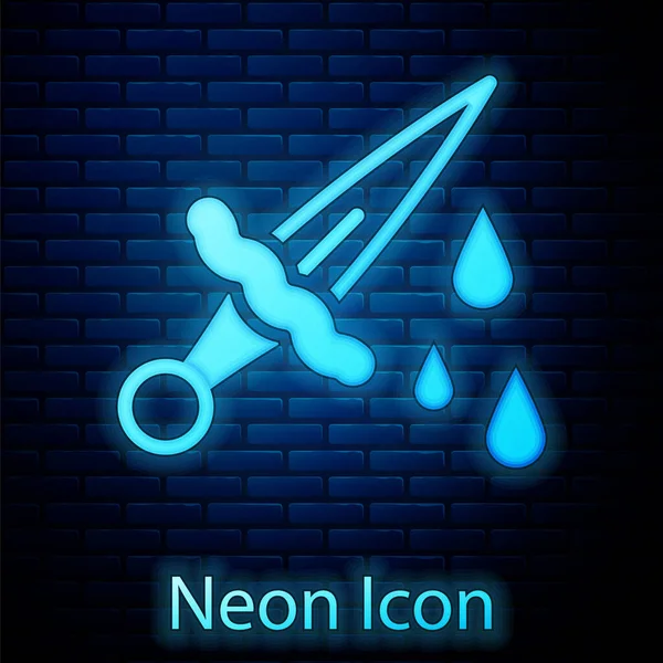 Glödande Neon Svärd Med Blod Ikon Isolerad Tegel Vägg Bakgrund — Stock vektor