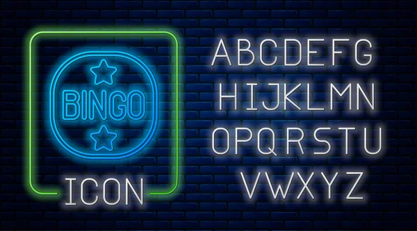 Leuchtende Neon Bingo Symbol Isoliert Auf Backsteinwand Hintergrund Lotterielose Für — Stockvektor