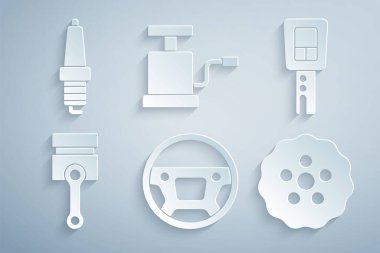 Direksiyonu ayarla, uzaktan kumandalı araba anahtarı, motor pistonu, dişli, hava pompası ve buji ikonu. Vektör