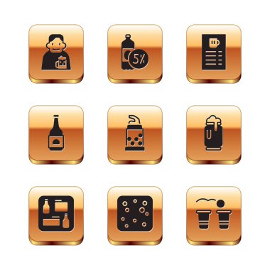 Happy Man 'i bira, bira menüsü, baloncuk, şişe açacağı, şişe, pong oyunu ve ikon ile ayarla. Vektör