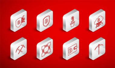 Hat çizgisi kazma, bitcoin ile kalkan, bitcoin kazanı yerleştirme, kripto para birimi bulut madenciliği, cüzdan, blok zinciri teknolojisi ve çapraz kazma ikonu. Vektör