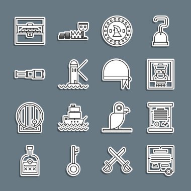 Dekree, parşömen, parşömen, aranan poster korsanı, korsan madeni para, deniz feneri, Spyglass teleskop lensi, antika hazine sandığı ve baş simgesi olarak bandana. Vektör