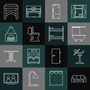 Sıra sıra kanepe, palto standı, duş perdeli küvet, buzdolabı, klozet, şömine, sandalye ve yatak ikonu. Vektör