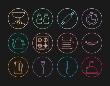 Kabzalı kettle, mutfak süzgeci, merdane, gaz sobası, elektronik pullar, tost makinası tostları ve tuz biberi ikonu. Vektör
