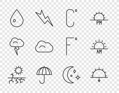 Set hattı: Kuraklık, Günbatımı, Celsius, Şemsiye, Su Damlası, Bulut, Ay ve yıldızlar ve Gündoğumu ikonu. Vektör