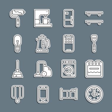 Clock, Oven, Spatula, Buzdolabı, Elektrik ısıtıcısı, Ampul, Boya fırçası ve Mobil Uygulamalar simgesini ayarla. Vektör