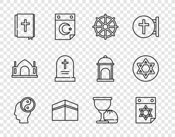 Встановити Лінію Інь Янг Єврейський Календар Колесо Дхарми Мечеть Кааба — стоковий вектор