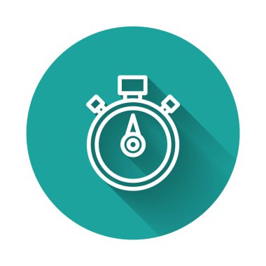Beyaz çizgi Stopwatch simgesi uzun gölgeli izole edildi. Zaman göstergesi. Kronometre işareti. Yeşil daire düğmesi. Vektör.