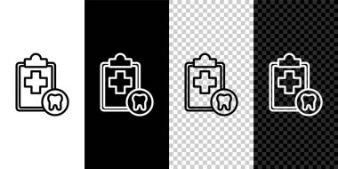 Siyah beyaz arka planda izole edilmiş diş kartı ya da hasta tıbbi kayıtları olan çizgi panosunu ayarla. Diş sigortası. Diş sağlığı kliniği raporu. Vektör.