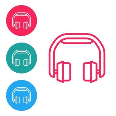 Kırmızı çizgi kulaklık simgesi beyaz arkaplanda izole edildi. Kulaklıklar. Müzik, hizmet, iletişim ve operatör konsepti. Simgeleri daire düğmelerine ayır. Vektör.