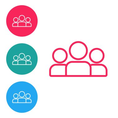 Kırmızı çizgi Kullanıcı grubu simgesi beyaz arkaplanda izole edildi. Bir grup insan ikonu. İş simgesi - kullanıcı profili simgesi. Simgeleri daire düğmelerine ayır. Vektör.