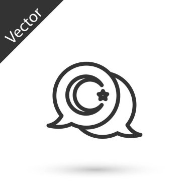 Gri çizgi yıldızı ve hilal - beyaz arka planda izole edilmiş İslam ikonunun sembolü. Din sembolü. Vektör