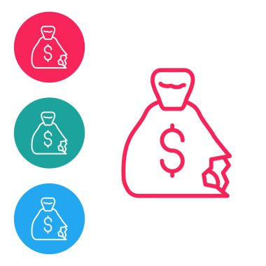Kırmızı çizgi Para Çantası simgesi beyaz arkaplanda izole edildi. Dolar ya da USD sembolü. Nakit bankacılık tabelası. Simgeleri daire düğmelerine ayır. Vektör