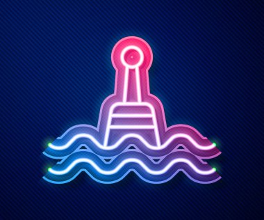 Mavi arka planda izole edilmiş deniz ikonu üzerinde parlayan neon hattı yüzen şamandıra. Vektör
