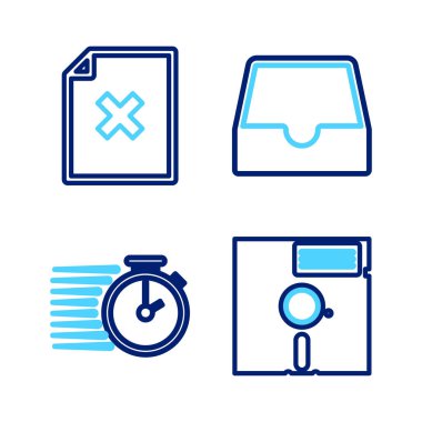 Satır Disketini 5.25 inçlik, Stopwatch, Sosyal medya gelen kutusu ve Sil dosya simgesine ayarla. Vektör