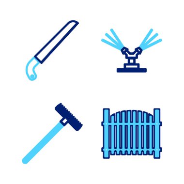 Bahçe çiti, tırmık, otomatik sulama fıskiyeleri ve testere ikonu. Vektör