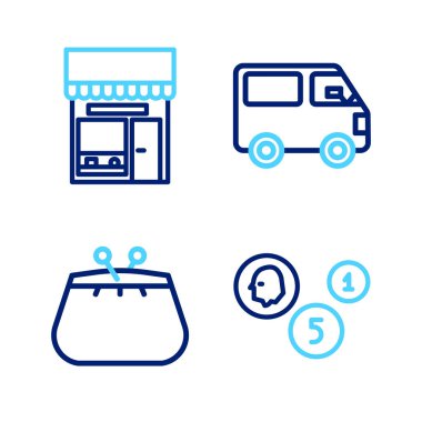 Hat parası, cüzdan, kargo kamyonu ve alışveriş binası ya da market ikonu. Vektör