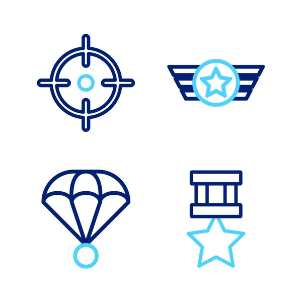 Définir Ligne Médaille Récompense Militaire Parachute Étoile Militaire Américaine Icône — Image vectorielle