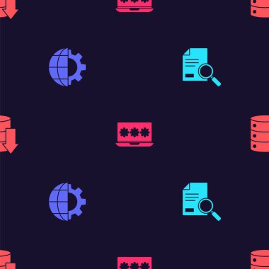 Belgeyi arama, Dünya Küresi ve ekipman, dizüstü bilgisayar şifresi ve sunucu, veri, web sunuculuğunu kusursuz desen üzerine ayarla. Vektör.
