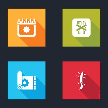 Ramazan takvimi, oruç, geleneksel halı ve Arap kılıç ikonu. Vektör