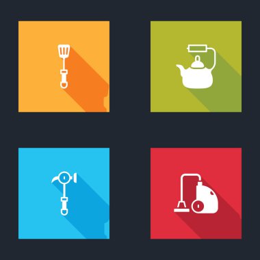 Spatula Kettle 'ı çekiç ve elektrik süpürgesi ikonu ile ayarla. Vektör.