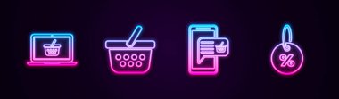 Hat alışveriş sepetini dizüstü bilgisayara, cep telefonuna, alışverişe ve indirimli yüzde etikete ayarlayın. Parlayan neon ikonu. Vektör.