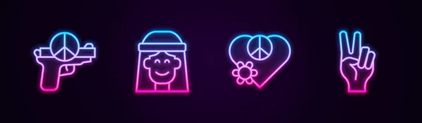 Savaş Yok Hippi Kız Barış Barış Sembolü Parlayan Neon Ikonu — Stok Vektör