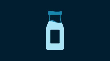 White Closed glass bottle with milk icon isolated on blue background. 4K Video motion graphic animation.