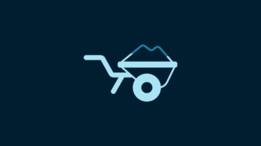 White Wheelbarrow with dirt icon isolated on blue background. Tool equipment. Agriculture cart wheel farm. 4K Video motion graphic animation.