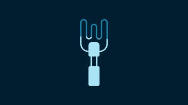 White Garden rake icon isolated on blue background. Tool for horticulture, agriculture, farming. Ground cultivator. Housekeeping equipment. 4K Video motion graphic animation.