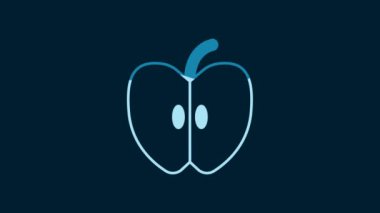 White Apple icon isolated on blue background. Fruit with leaf symbol. 4K Video motion graphic animation.