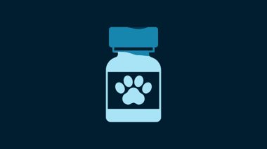 White Medicine bottle and pills icon isolated on blue background. Container with pills. Prescription medicine for animal. 4K Video motion graphic animation.