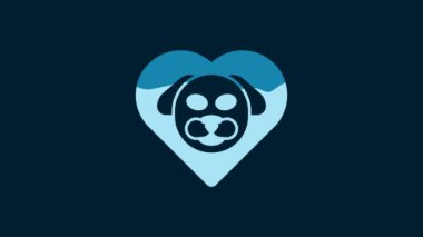 White Heart with dog icon isolated on blue background. Pet paw in heart. Love to the animals. 4K Video motion graphic animation.