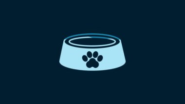 White Pet food bowl for cat or dog icon isolated on blue background. Dog or cat paw print. 4K Video motion graphic animation.