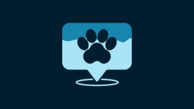 White Map pointer with veterinary medicine hospital, clinic or pet shop for animals icon isolated on blue background. Veterinarian clinic. 4K Video motion graphic animation.