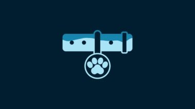 White Collar with name tag icon isolated on blue background. Supplies for domestic animal. Dog or cat paw print. Cat and dog care. Pet chains. 4K Video motion graphic animation.