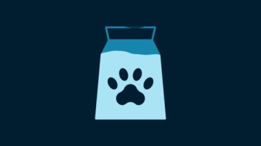 White Bag of food for pet icon isolated on blue background. Food for animals. Dog bone sign. Pet food package. 4K Video motion graphic animation.