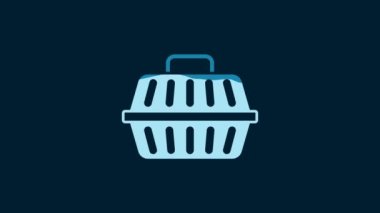 White Pet carry case icon isolated on blue background. Carrier for animals, dog and cat. Container for animals. Animal transport box. 4K Video motion graphic animation.