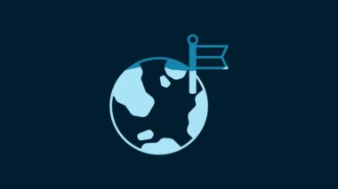 White Planet with flag icon isolated on blue background. Victory, winning and conquer adversity concept. 4K Video motion graphic animation.