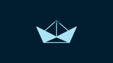 White Folded paper boat icon isolated on blue background. Origami paper ship. 4K Video motion graphic animation.