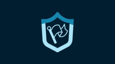 White Shield with flag icon isolated on blue background. Victory, winning and conquer adversity concept. 4K Video motion graphic animation.
