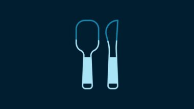 White Knife and spoon icon isolated on blue background. Cooking utensil. Cutlery sign. 4K Video motion graphic animation.