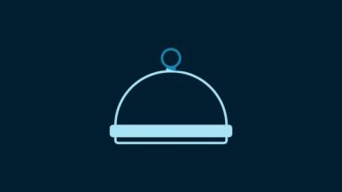 White Covered with a tray of food icon isolated on blue background. Tray and lid sign. Restaurant cloche with lid. Kitchenware symbol. 4K Video motion graphic animation.