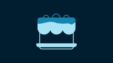 White Cake icon isolated on blue background. Happy Birthday. 4K Video motion graphic animation.