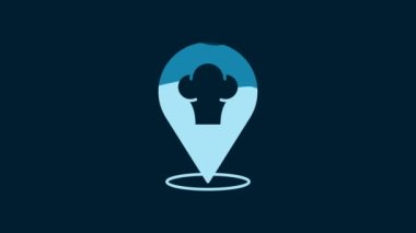 White Chef hat with location icon isolated on blue background. Cooking symbol. Cooks hat. 4K Video motion graphic animation.