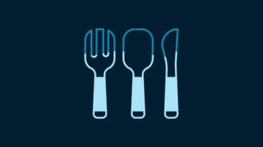 White Fork, spoon and knife icon isolated on blue background. Cooking utensil. Cutlery sign. 4K Video motion graphic animation.