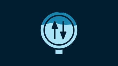 White Road sign warning two way traffic icon isolated on blue background. 4K Video motion graphic animation.
