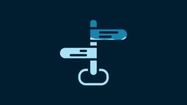 White Road traffic sign. Signpost icon isolated on blue background. Pointer symbol. Isolated street information sign. Direction sign. 4K Video motion graphic animation.