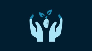White Plant in hand of environmental protection icon isolated on blue background. Seed and seedling. Planting sapling. Ecology concept. 4K Video motion graphic animation.